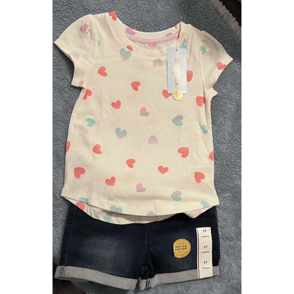 Cat & Jack Size 3T Denim Easy On & Off Shorts With Heart T-Shirt. New T2